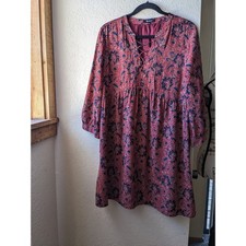 Madewell Large 100% Silk Assam Floral Babydoll Dress LaceUp Fall Rust Print