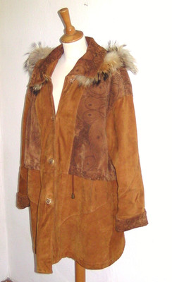 Damen-Leder-Jacke Gr. 44, Kapuze mit Kunstfellbesatz, Langarm, Brauntöne