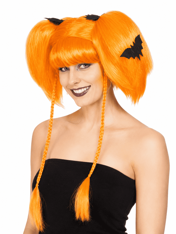 Batty Orange Halloween Wig with Bats Fancy Dress Costume Accessory Adult