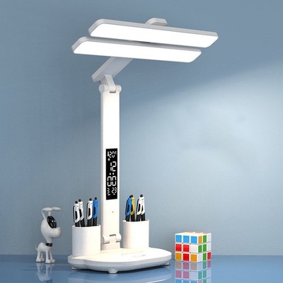 LED Desk Light USB Charging Port, Dimmable Office Desk Foldable Lamp with Clock