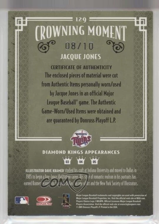 2005 Donruss Diamond Kings Black Framed Materials /10 Jacque Jones #129 - Image 2 of 2