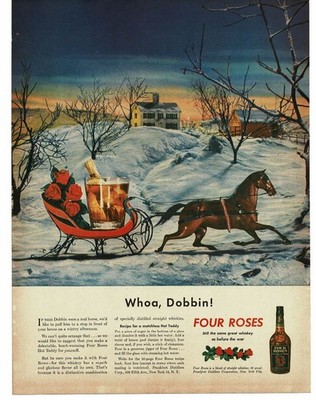 1946 Four Roses Whiskey One Horse Open Sleigh Winter Scene art Vintage Print Ad