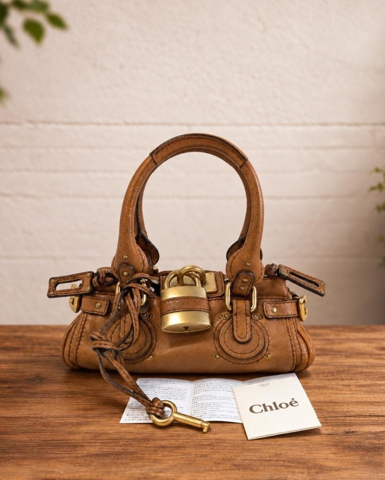 Chloe Mini Paddington Leather Handbag Padlock Key Shoulder Bag Brown Auth Y2K