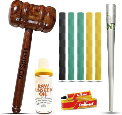 ND Sports Cricketschläger Klopfen Wartungsset - Holzhammer, Öl, Kegel, 2x Griff, Zehe