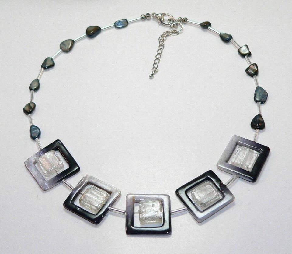 Halskette Perlmutt Rahmen schwarz weiß Perle Lampwork Silberfolie Quadrat 278b - Bild 2 von 3