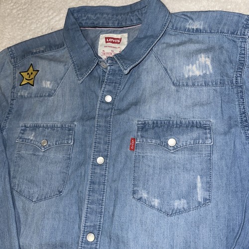 Levi's da uomo denim perla a scatto effetto invecchiato manica lunga XL viso sorridente ricamato - Foto 7 di 19