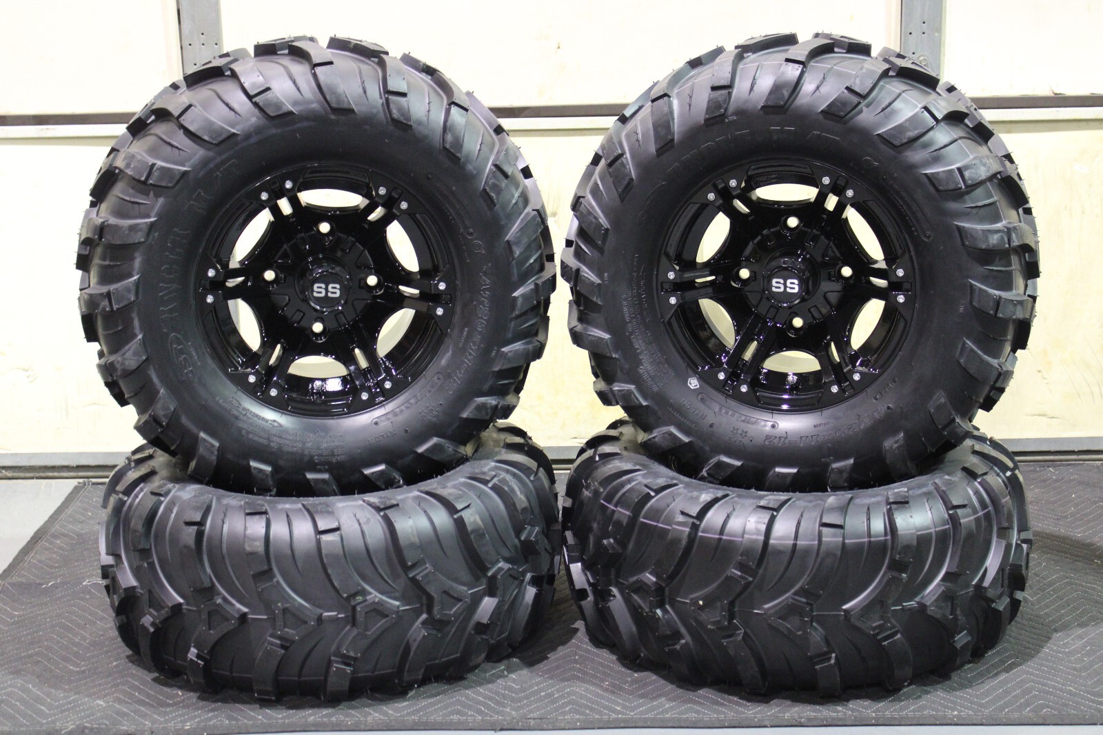 MULE 3010 25" 25x1112 ANCLA M/T ATV TIRE & VIPER BLACK ATV WHEEL KIT