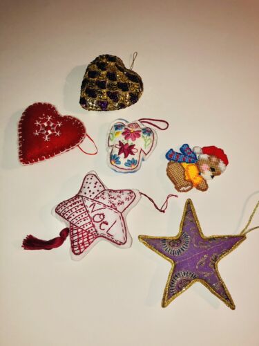 Lot of 6 Christmas Ornaments Sequin Embroidered Handmade Heart Angel Bear Star - Picture 1 of 8