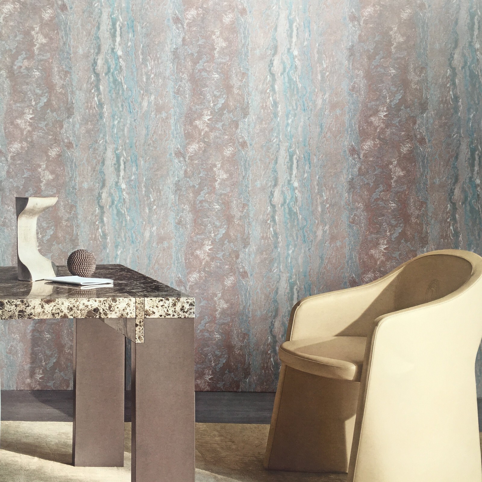 Teal Blue tan bronze metallic Striped faux onyx marble stone textured wallpaper