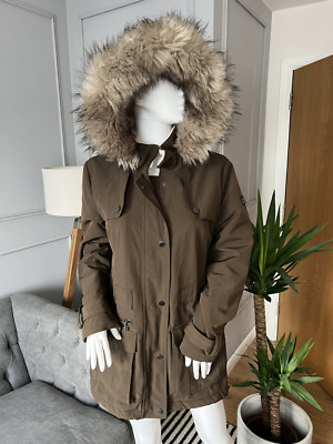 DKNY Damen Jacke Parka Mantel Größe S Kapuze Kunstfellbesatz - Khaki