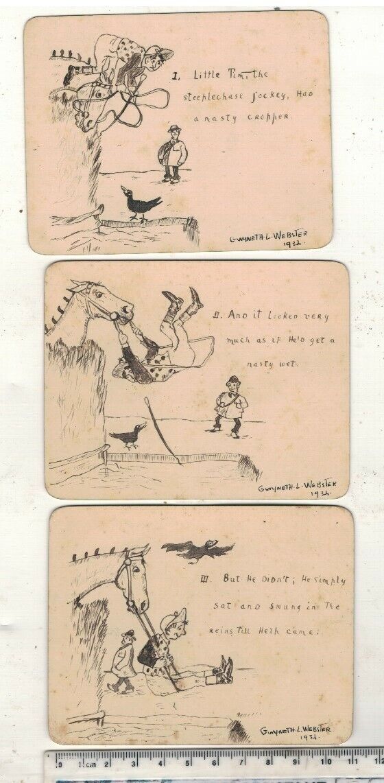 STEEPLECHASE , 1934 ,HANDRAWN COMIC CARDS .SET OF  THREE BY GWYNETH.L.WEBSTER ?