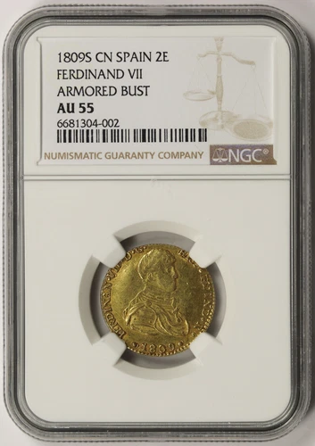 1809S CN Spain Ferdinand VII Armored Bust Gold 2E 2 Escudos AU 55 NGC