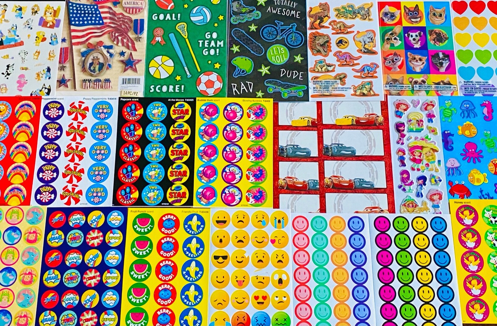 499 Sticker LOT, SCRATCH N SNIFF STINKY STICKERS SCENTED FUN CUTE MIXED THEMES