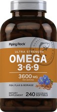 Omega 3 6 9 Fish Oil 3600mg  240 Softgels  Fish, Flax, Borage  by Piping Rock