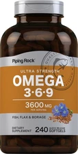 Omega 3 6 9 Fish Oil 3600mg | 240 Softgels | Fish, Flax, Borage | by Piping Rock