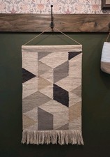 Woven Wall Art Hanging Tapestry Boho Textured Cream Black Fringe Neutral Decor