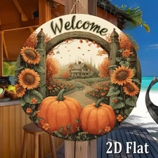 2D Flat, 8x8 Inch Round Aluminum Metal Sign - Nostalgic Pumpkin & Haunted House