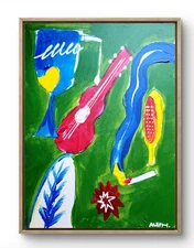 Original Art Guitar Cig 14x11 Bold Color Modern Abstract Canvas