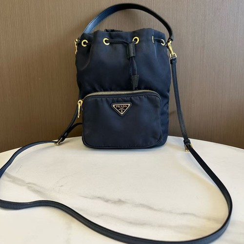 Prada Re-Nylon Regular Black Nylon Drawstring Bucket Crossbody Bag