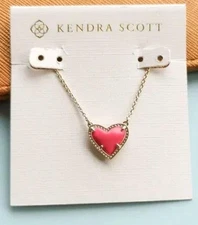 Kendra Scott Ari Heart Gold plated Neon Pink Necklace Pendant new