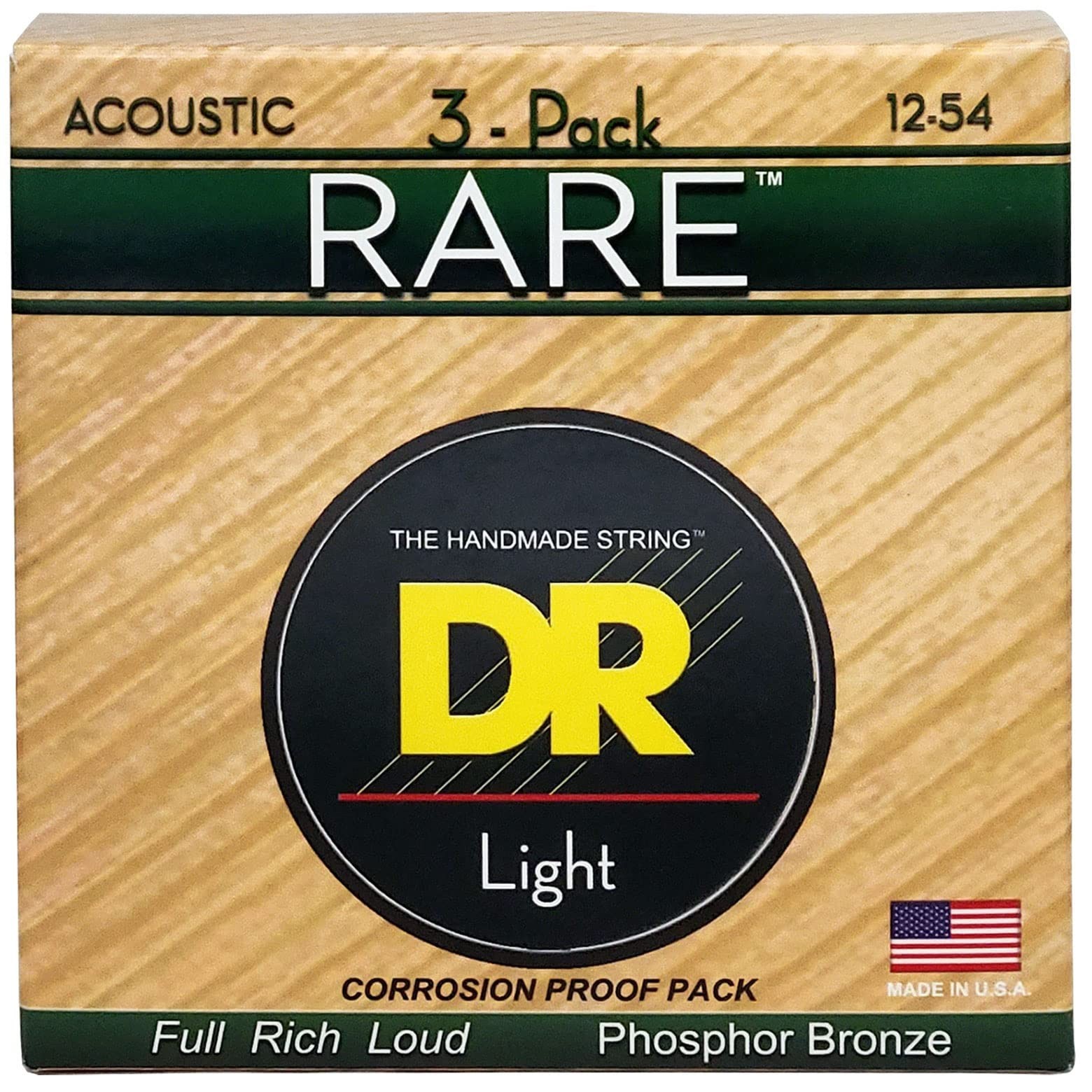 DR Strings Rare Phosphor Bronze Acoustic Guitar Strings, Light 12-54, 3-Pack