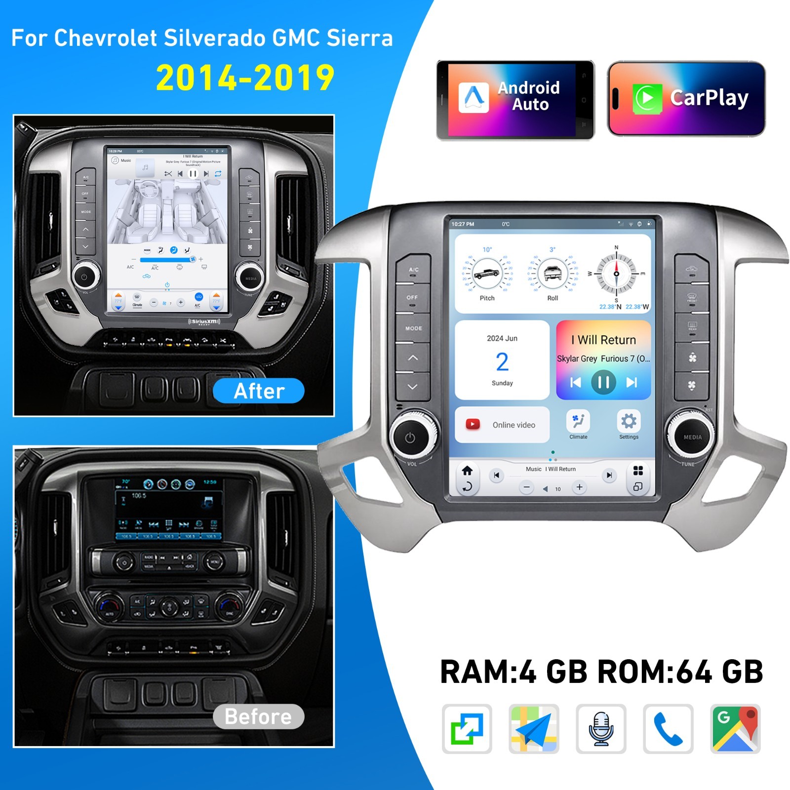 LINKSWELL GEN 6 “T” Style Radio for Chevy Silverado GMC Sierra 2014-2018 Carplay