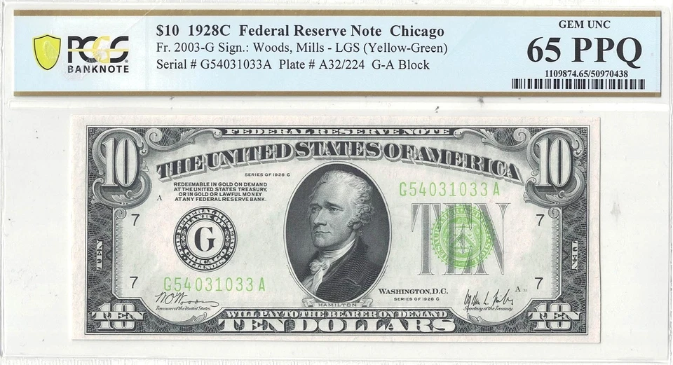 1928-C $10 Federal Reserve Note Fr-2003-G PCGS Gem CU-65 PPQ - Image 2 of 3