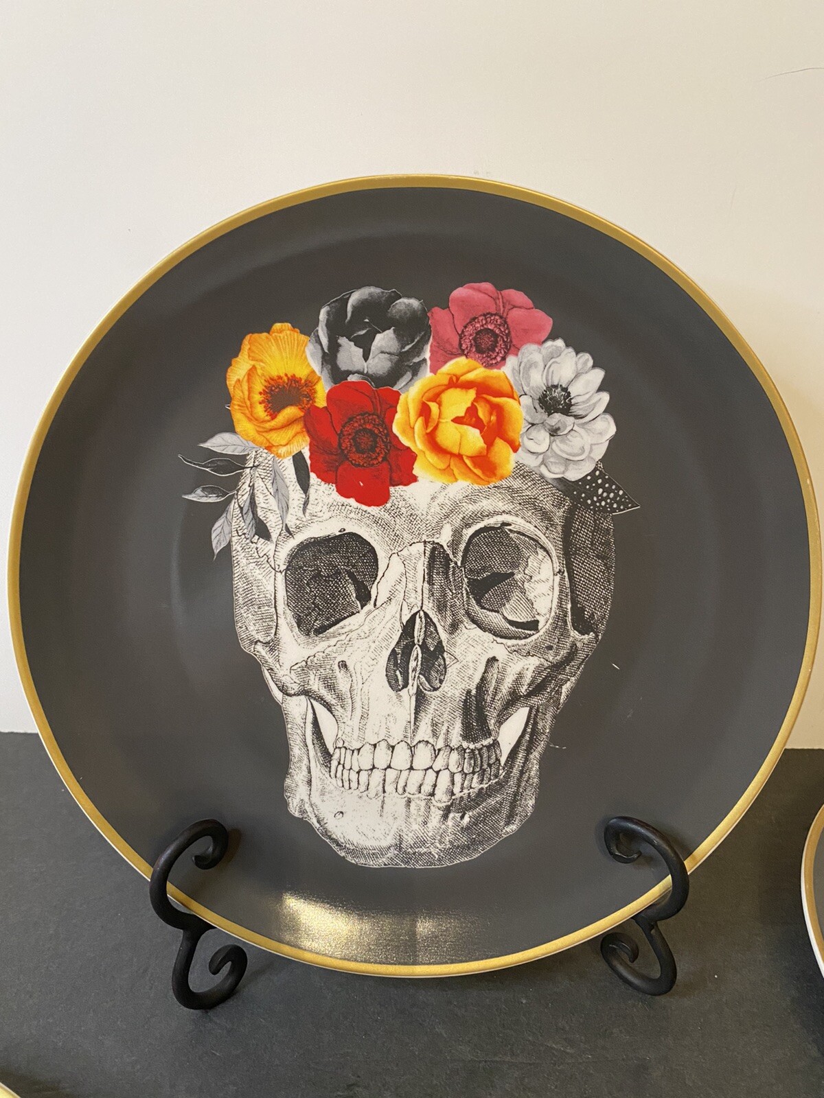 (2) Harvest Green Studio Halloween Skelton Skull w Roses 10.5” Dinner Plates