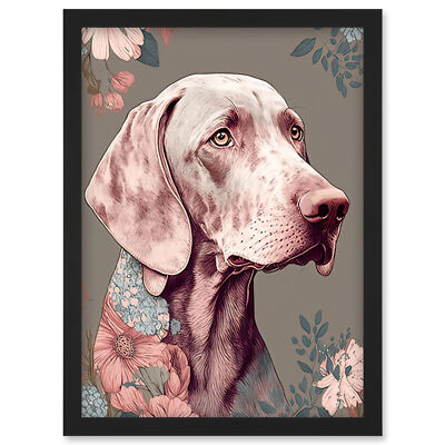 Weimaraner Hundeportrait mit Blumenmuster gerahmt Wandbild Bild Druck A4