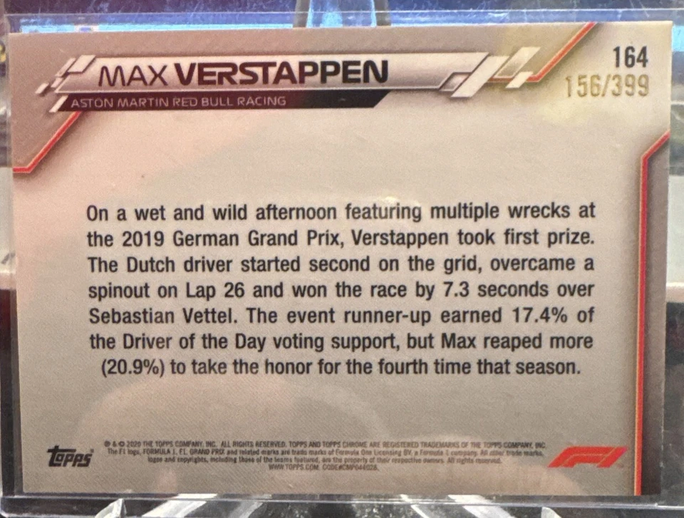 2020 Topps Chrome Formula 1 #164 Max Verstappen Driver Of The Day 156/399 - Image 2 of 2