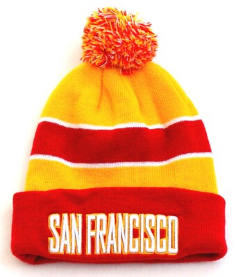 Hatco San Francisco Red & Yellow Knit Cuff Pom Beanie Adult One Size NEW
