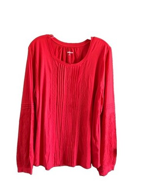 Land s End XL Women s Red Top Pleats/Lace/Embroidered Sleeves Cotton/Modal/Spand
