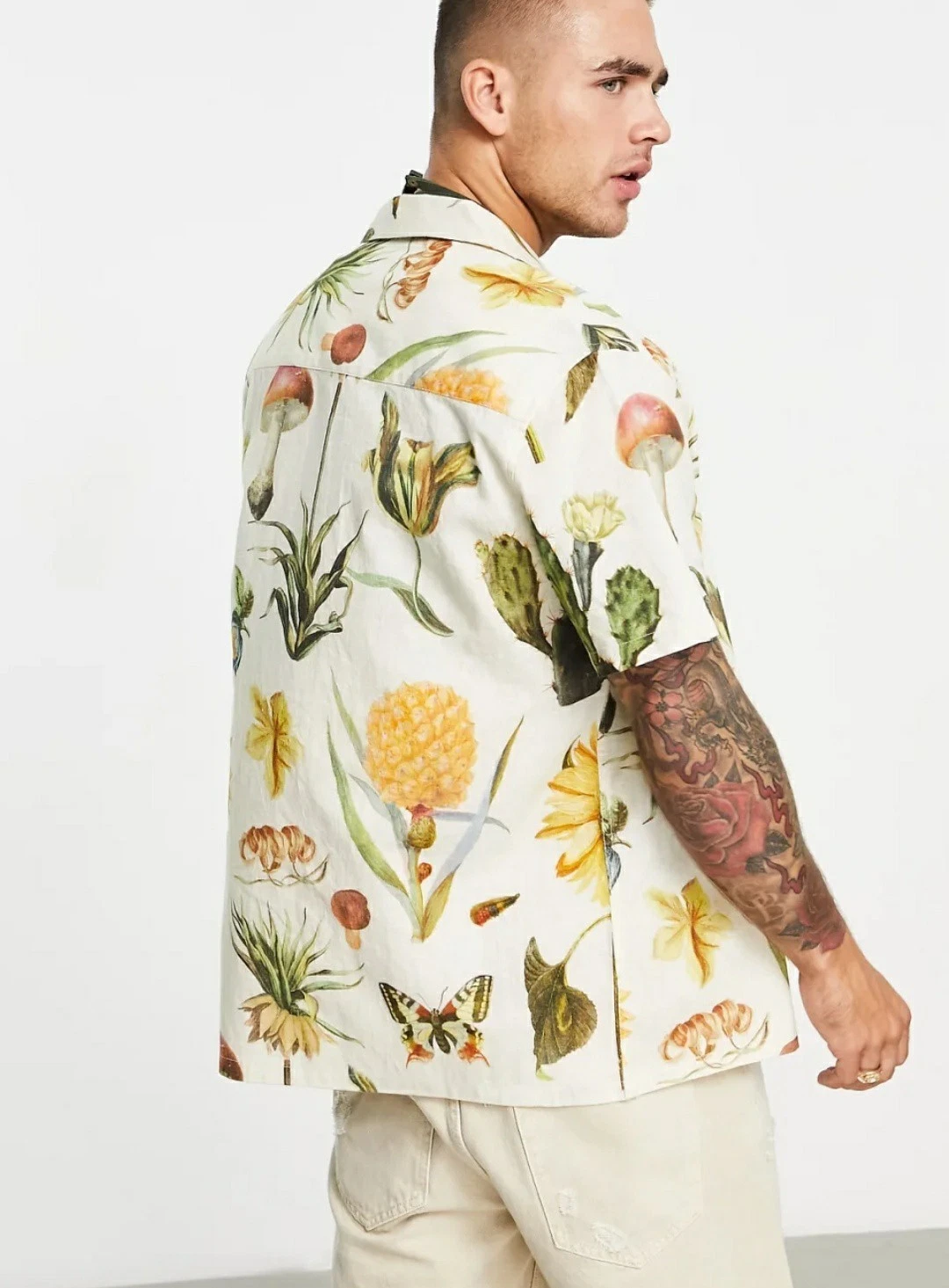 ASOS DESIGN boxy oversized camp collar shirt in linen mix with sunflower print