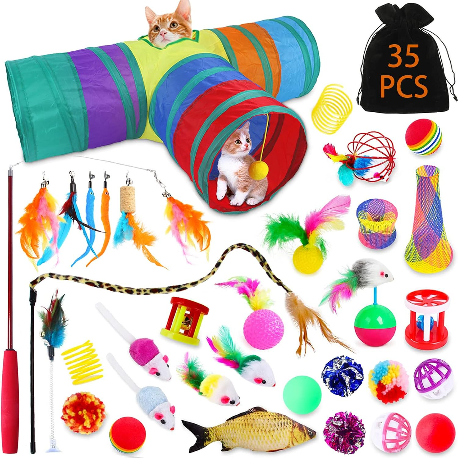Giocattoli per Gatti 35 Pezzi con Tunnel Pieghevole - Set Completo Interattivo