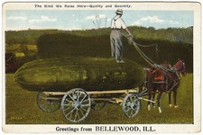 Exaggerated Vegetable: Huge Cucumber on Horse-Drawn Cart, Bellewood, IL. 1920s.