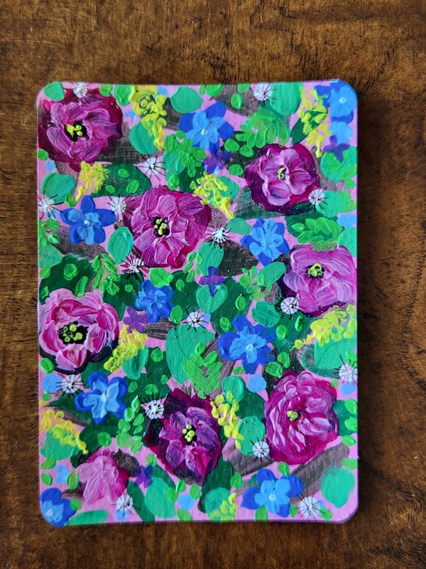 ACEO Original Acrylic Painting Maximalist Floral Garden Pink OOAK artbyumj