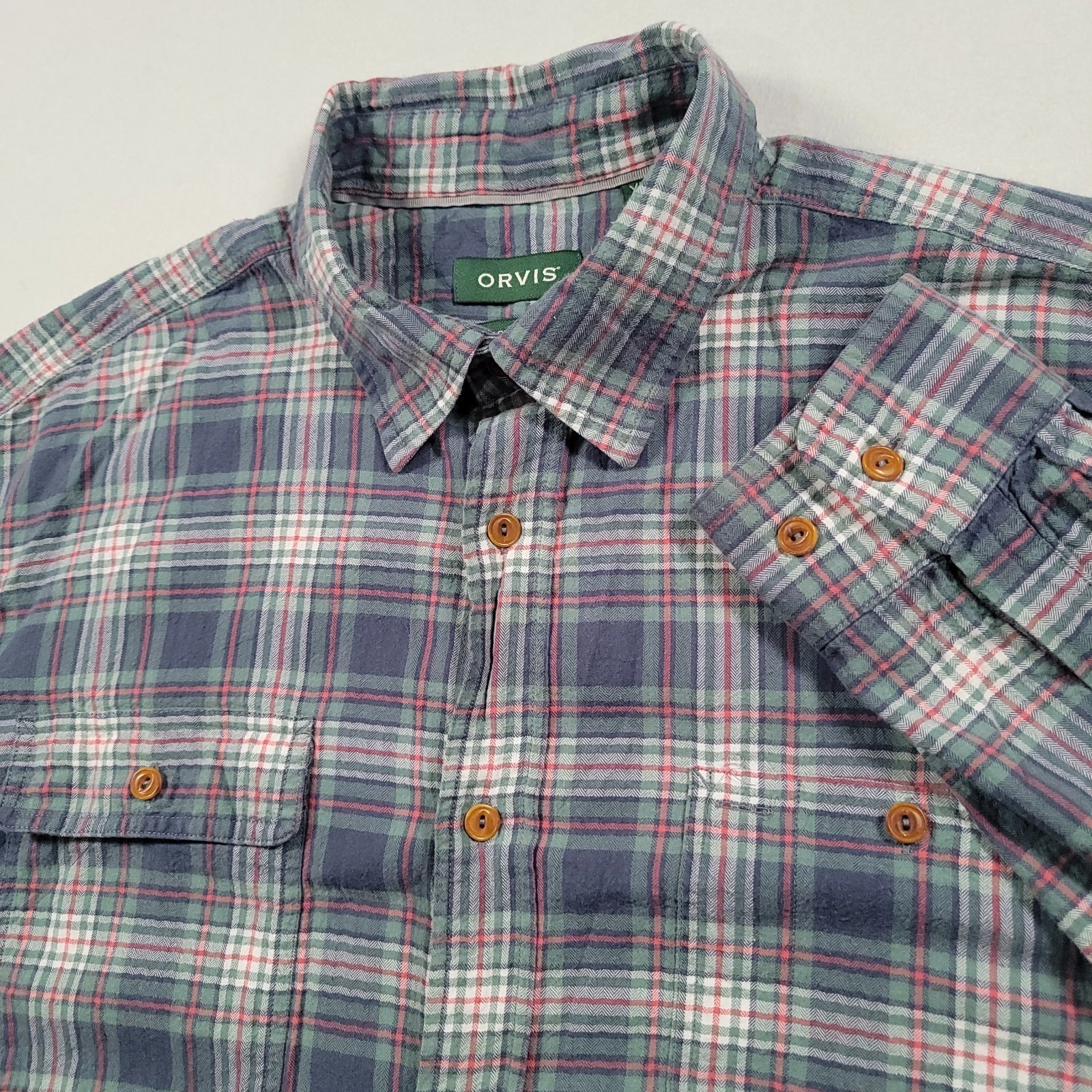 Orvis Men Flannel Shirt XL Active Fit Plaid Blue Green Button Up
