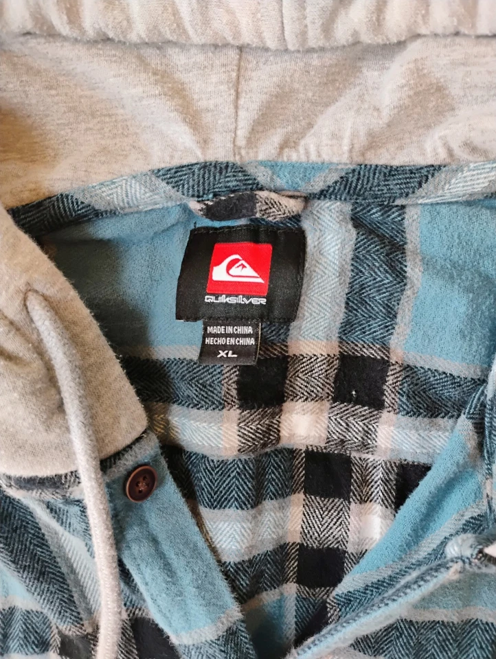Quiksilver Men's Hooded Flannel, Hood With Drawstring, Midweight Blue Plaid - Image 4 of 4