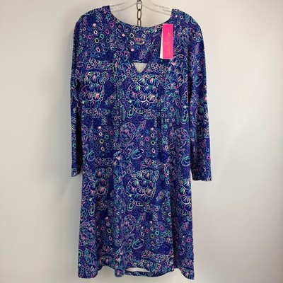 Lilly Pulitzer Aubrey UPF 50+ Dress L Take It Slow Lapis Lazuli Long Sleeve NWT