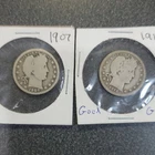 Barber Quarter 1907 & 1912 US 25C Silver Coins Lot of 2.  #314