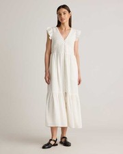 Quince Women Organic Textured Cotton Smocked V-Neck Midi Dress White L