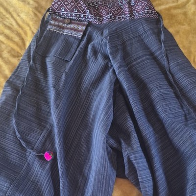Bohemian Wide-Leg Harem Pants Blue Patterned Waist Pom Pom Accent Pockets
