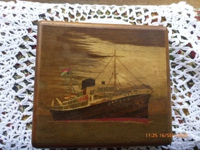 Antique Cigarette Case Wood Inlay Ship Flag JCJL About 1920 Japan Shipping - Image 1 of 4