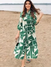 ZARA NEW WOMAN LONG PRINTED DRESS RUFFLED HEM GREEN S 2183/071