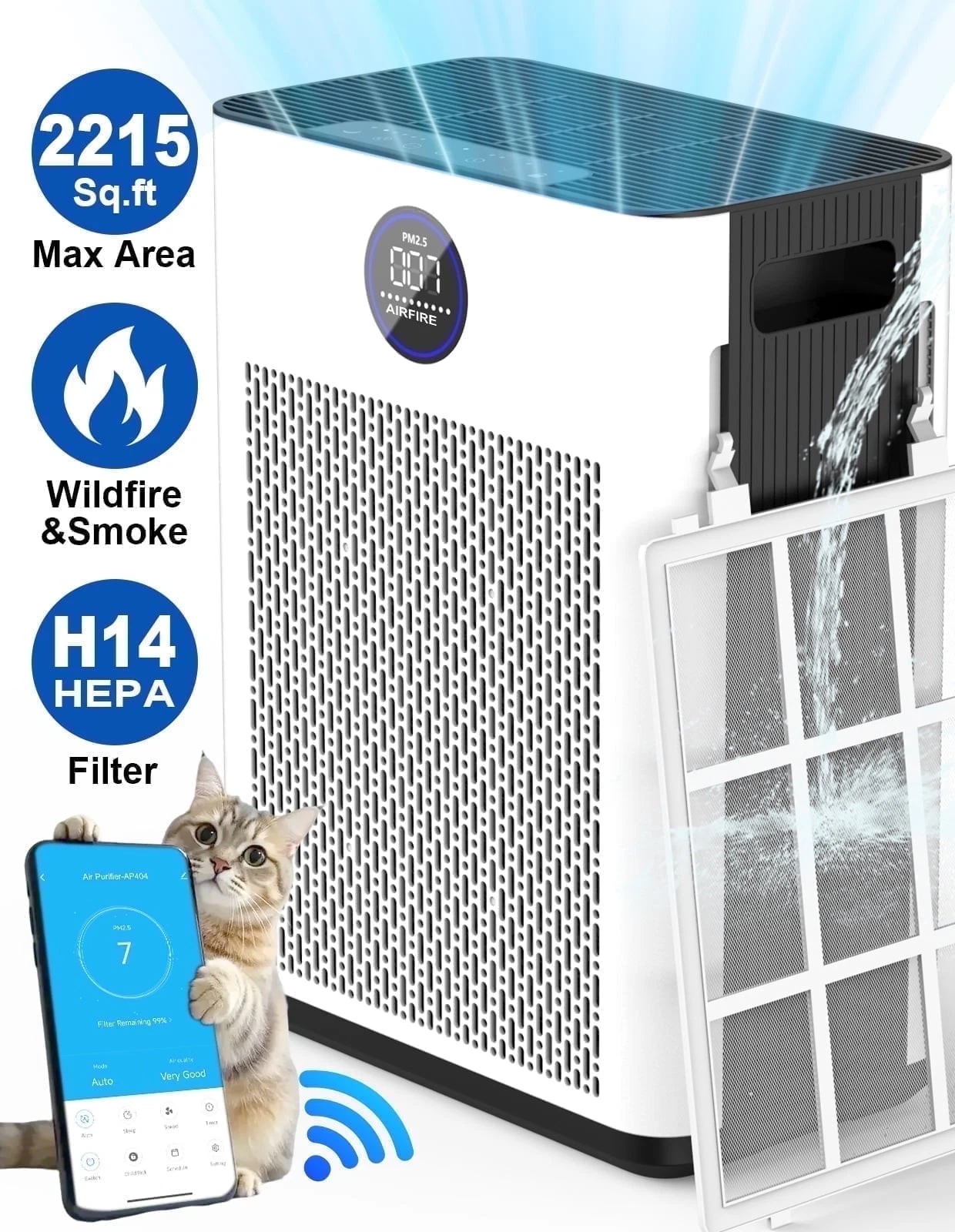 AIRFIRE AP404 WiFi Air Purifier for Home up to 2215 Sq.ft, H14 HEPA Filter for