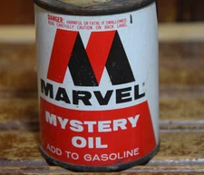 MARVEL MYSTERY OIL 1960s VINTAGE PAINTED METAL TIN CAN SIGN 4oz FULL ADD TO GAS