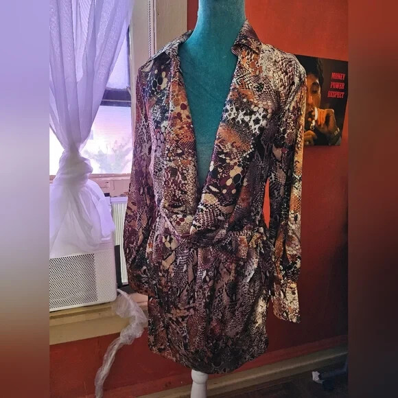 snake dress fashion nova Plus Size Hardware Tie Back Long Sleeve Notch Neck, Snake in the Grass Maxi Dress in Brown, Size 1X,