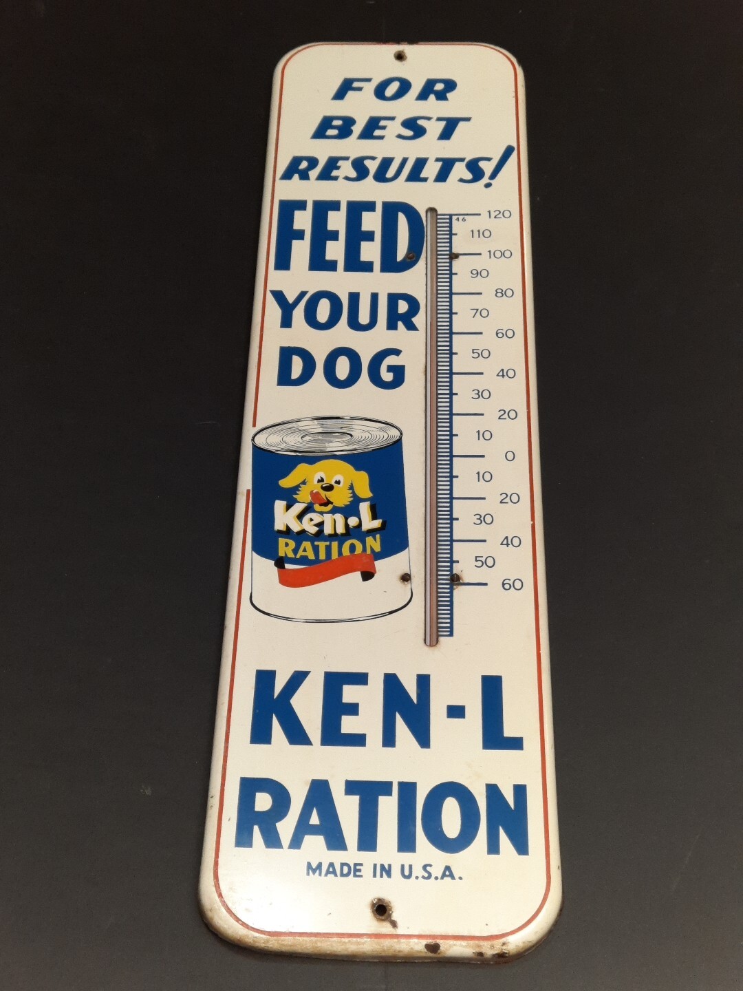 VINTAGE KENLRATION DOG FOOD DEALER TIN WORKING THERMOMETER STORE