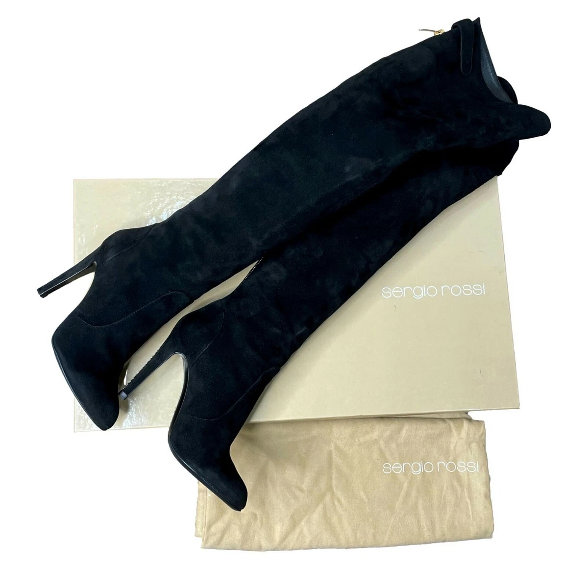 SERGIO ROSSI Black Suede Thigh High Gold Zipper Detail Boots IT