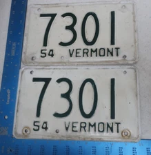 Vermont License Plate Pair Set 1954 54 7301